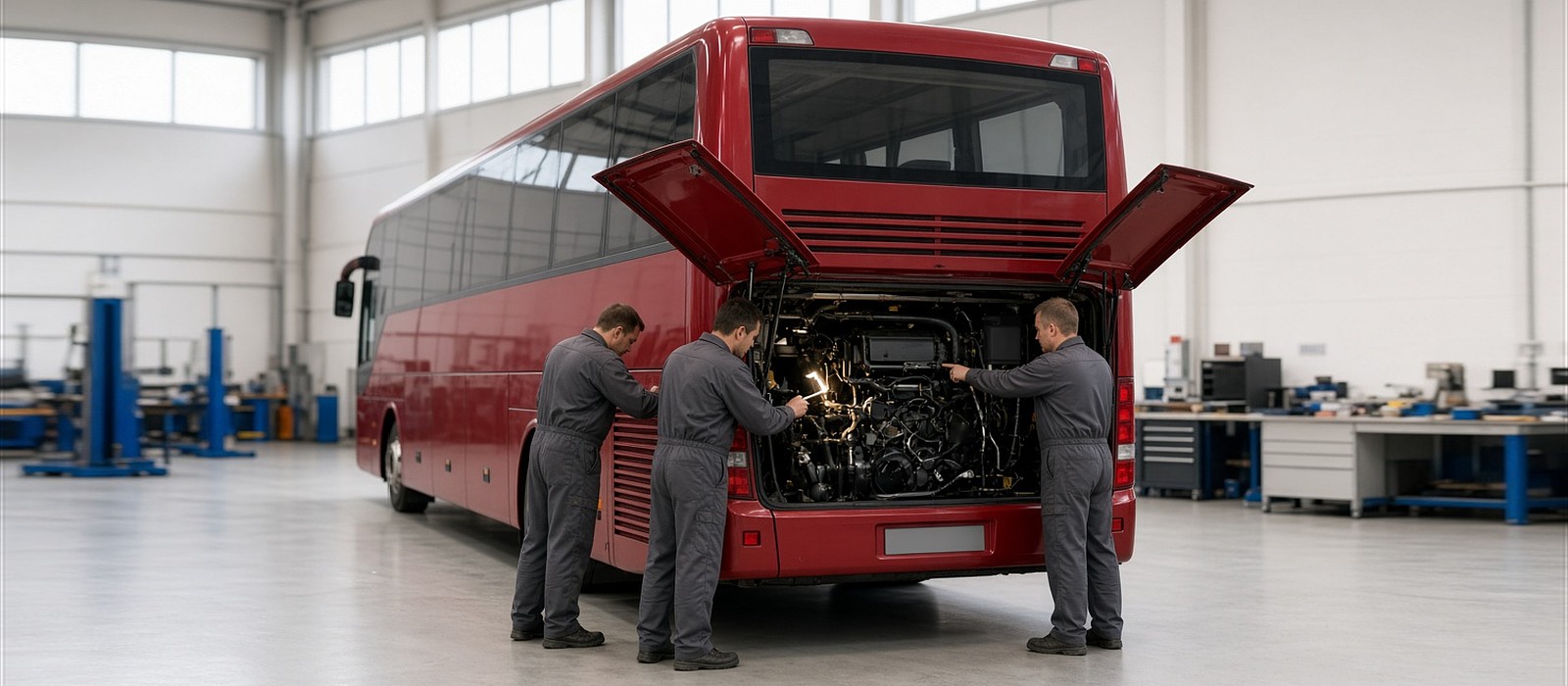 Red coach in a workshop with mechanics
