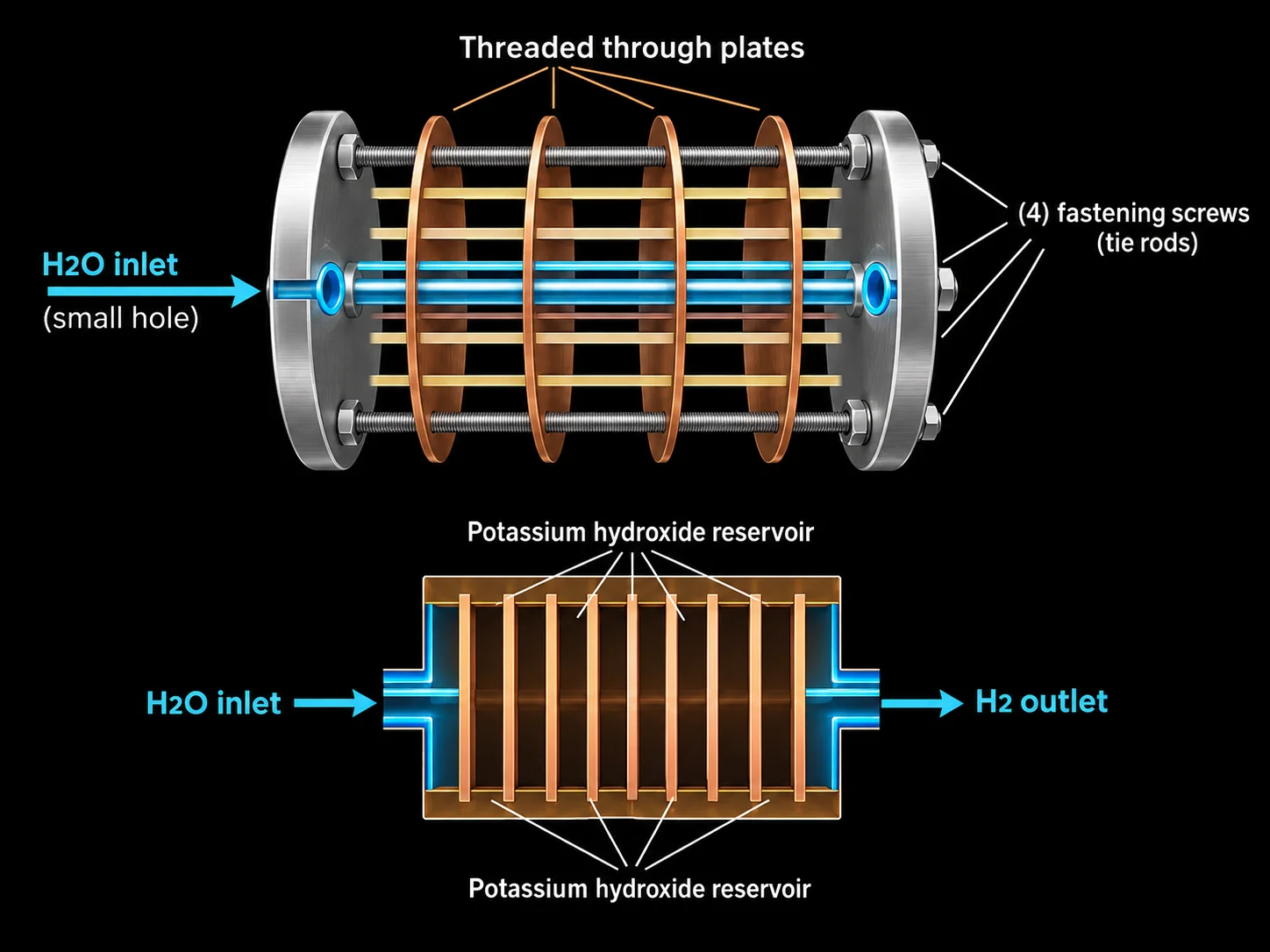 Diagram of a conventional electrolysis cell: a stack of plates held by four tie rods, water entering through one small inlet, and pockets between the plates where potassium hydroxide collects.