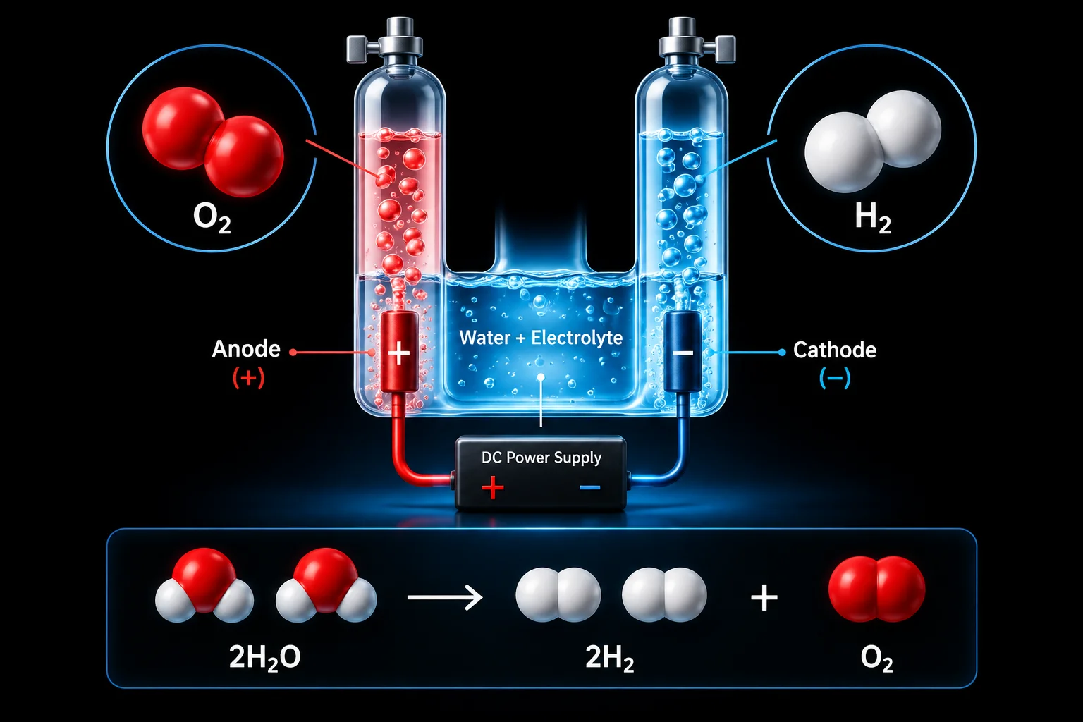 Electrolysis cell diagram: a DC power supply connects to an anode (+) and cathode (-) in water with electrolyte; oxygen forms at the anode and hydrogen at the cathode (2H2O to 2H2 + O2).