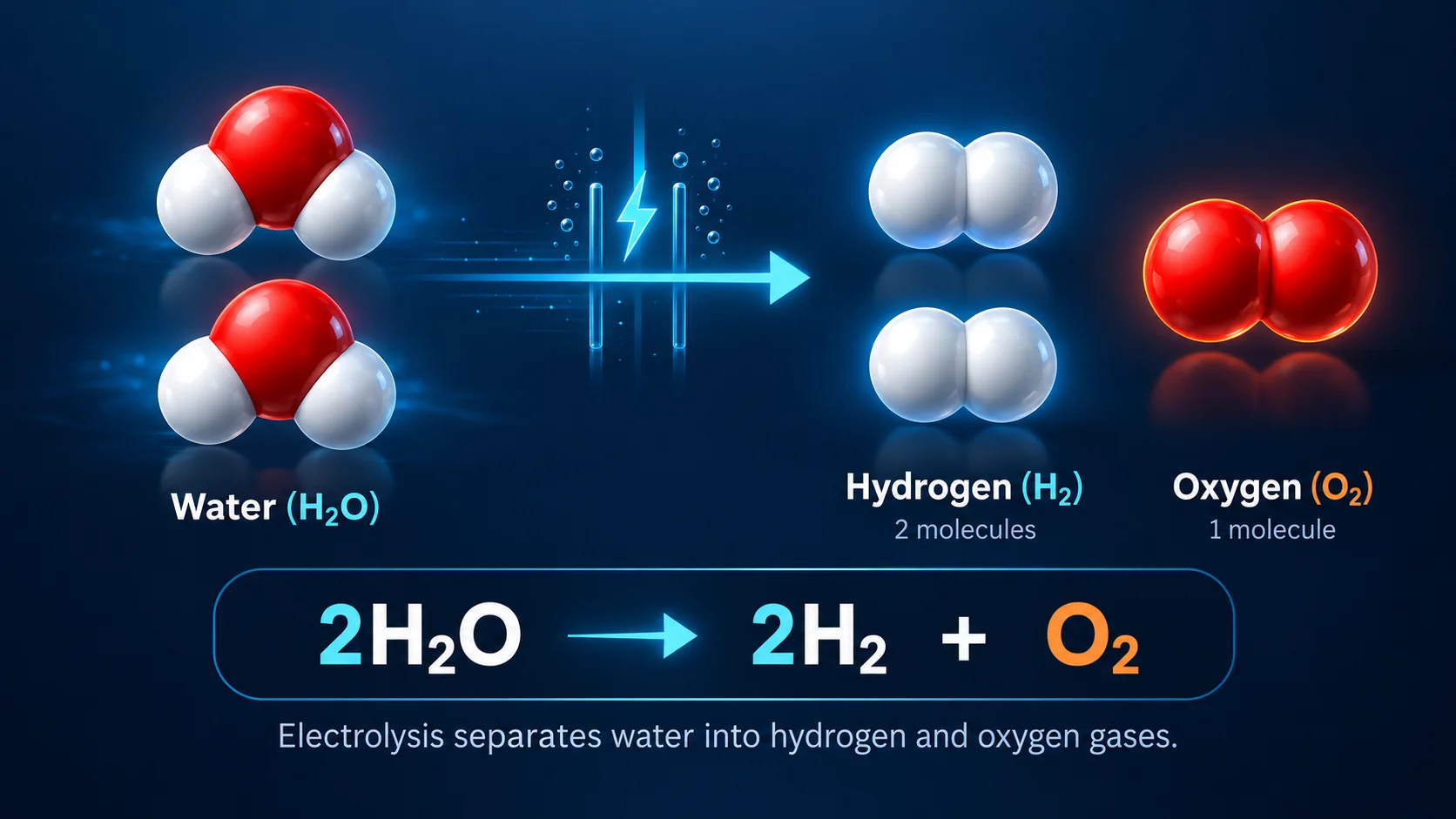 Electrolysis diagram: two water molecules (2H2O) are split by an electric current into two hydrogen molecules (2H2) and one oxygen molecule (O2).