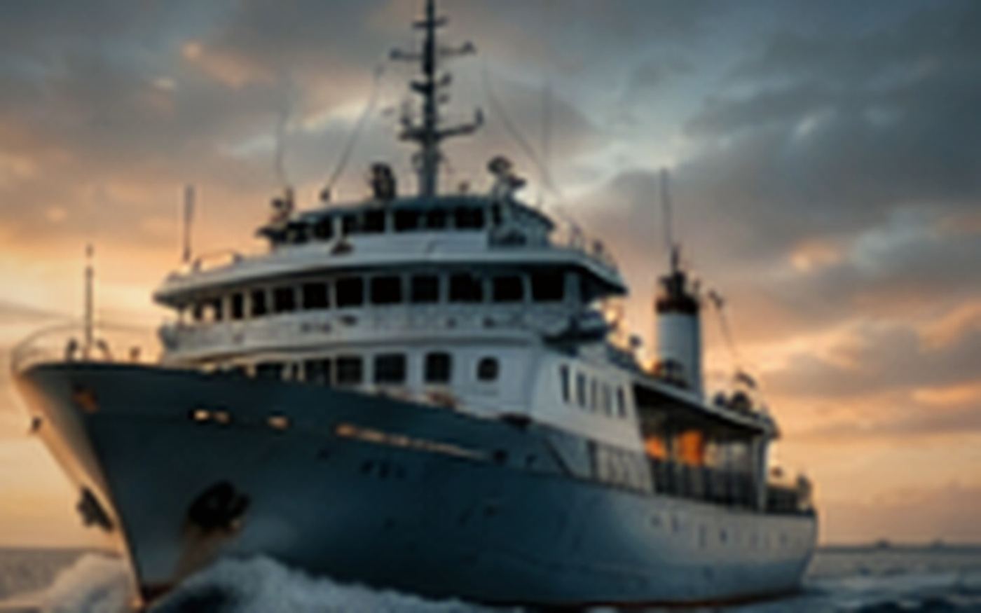 Working vessel cutting through open water at golden hour
