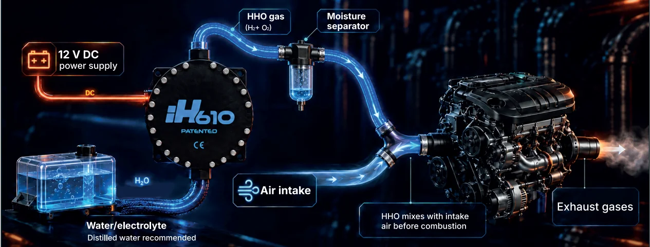 Hydroxi iH610 system diagram: 12/24 V DC power supply feeds the iH610 cell, which uses distilled water/electrolyte; HHO gas passes a moisture separator and mixes with intake air before combustion in a diesel or petrol engine.
