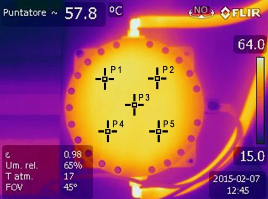 Thermal camera image of the prototype cell after 4 hours of operation, with five measured points between 57.3 °C and 57.8 °C.